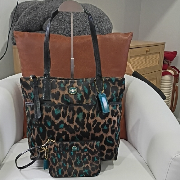 Coach Handbags - Coach Ocelot Tote And Matching Wristlet with Black and Teal Accent
